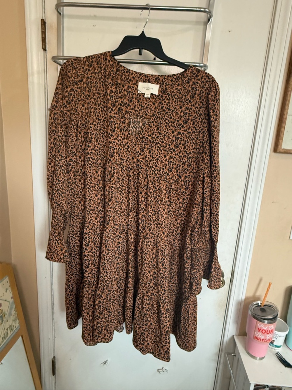 Womens Brown Leopard Print Tiered Dress